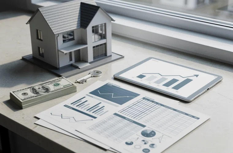 a table with a model house on and charts
