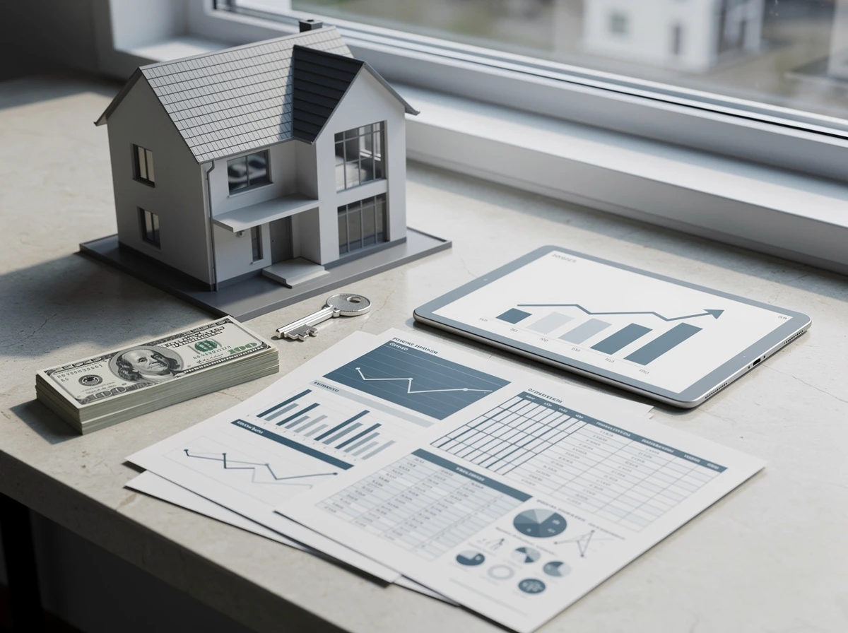 a table with a model house on and charts