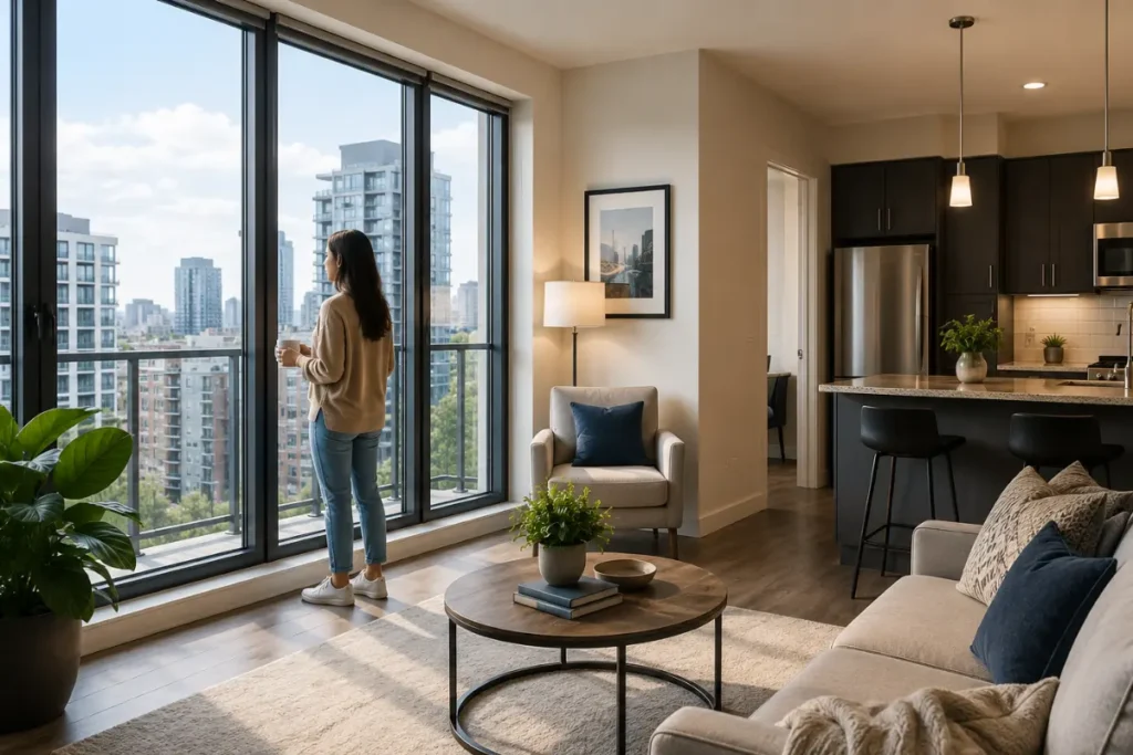 woman standing looking out of the window in a rental property