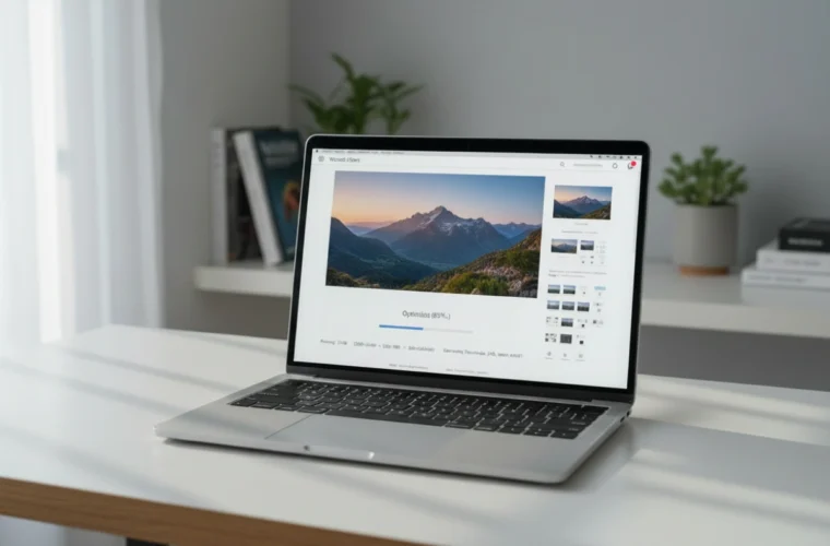 open laptop on a table with the screen showing a image compression tool