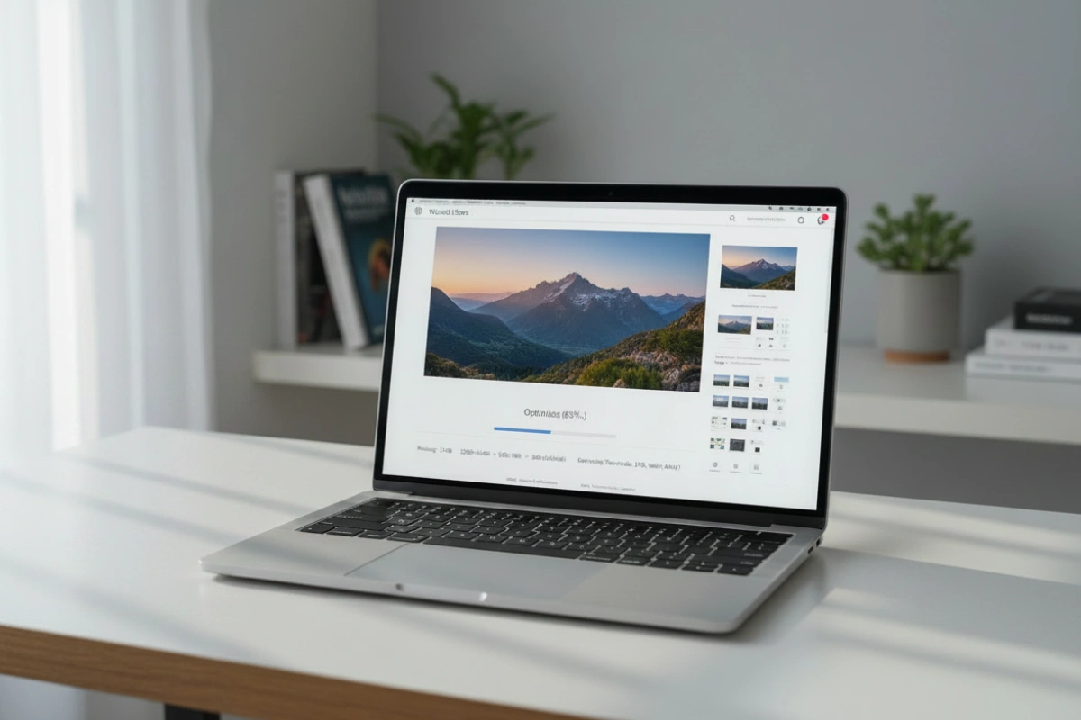 open laptop on a table with the screen showing a image compression tool