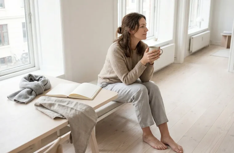 Woman sitting down drinking a cup of coffee by the window