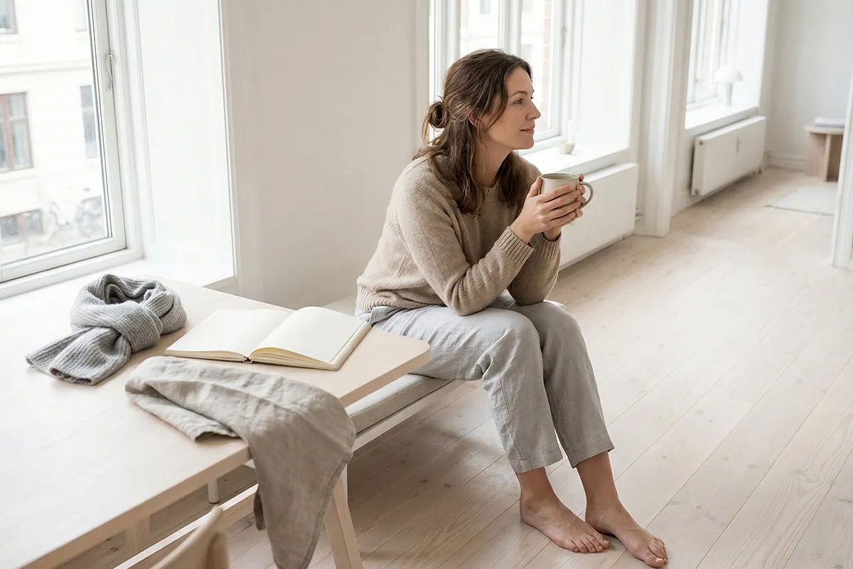Woman sitting down drinking a cup of coffee by the window