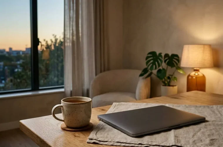 a sunset view looking out of the window by a table coffee mug and closed laptop