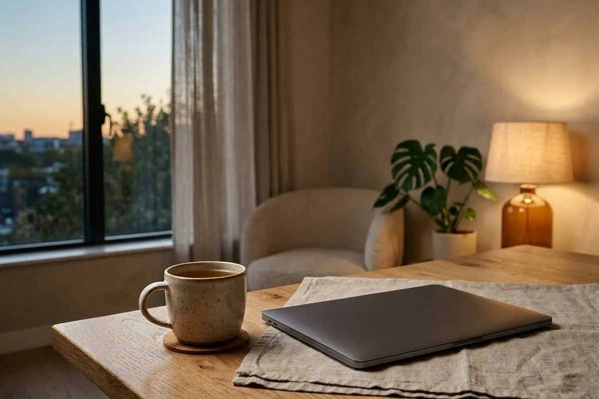 a sunset view looking out of the window by a table coffee mug and closed laptop