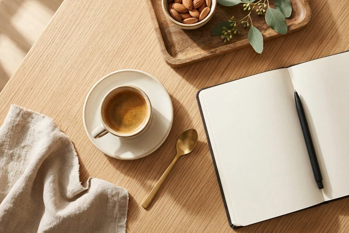 Soft routine lifestyle with coffee and notebook in a calm naturally lit room
