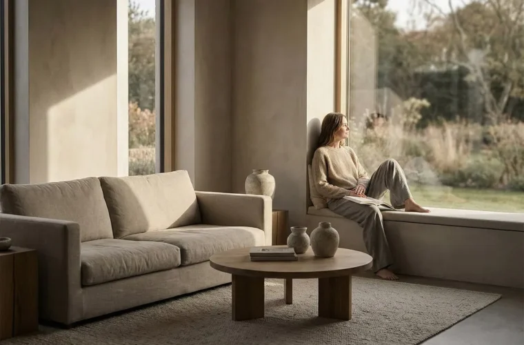 Woman looking out of a window, reflecting the calm and considered feel of a quiet luxury lifestyle.