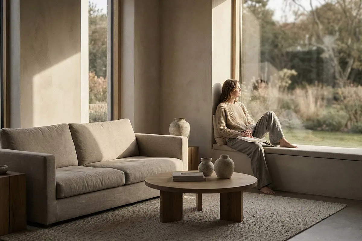 Woman looking out of a window, reflecting the calm and considered feel of a quiet luxury lifestyle.